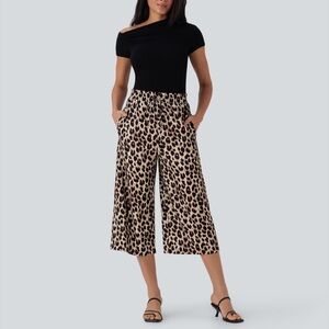 Halara High Waisted Drawstring Leopard Print Wide Leg Capris, Size XL